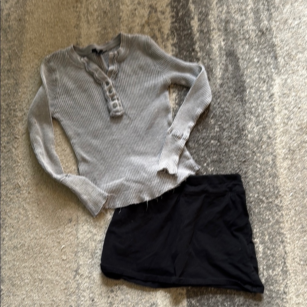 Gray Ribbed Long Sleeve Top and Black Skirt Set